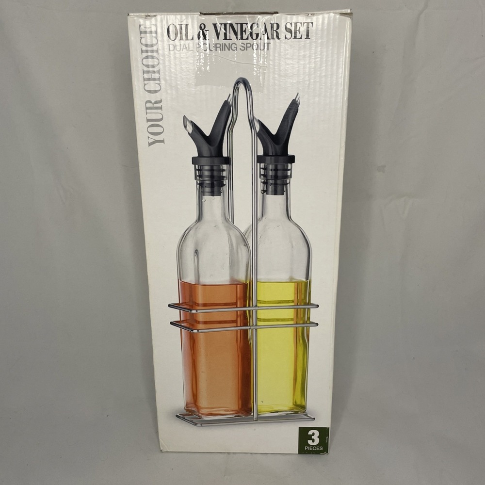 Oil and Vinegar Bottle Cruet Set with Wire Caddy & Dual Pouring Spouts